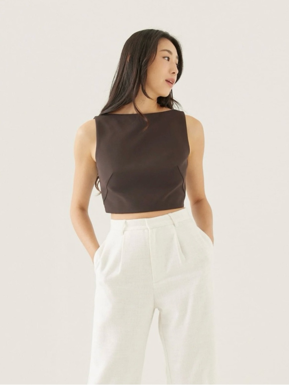 Love, Bonito Mailea Boat Neck Crop Top In Brown